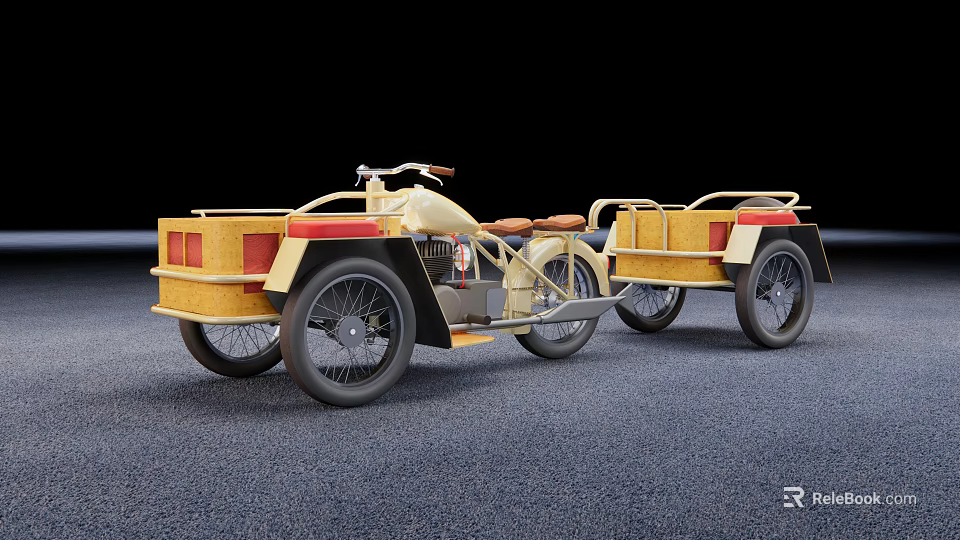 Vintage Motorcycle With Sidecar Cream Red Accents And Black Wheels Classic Design 3d model 