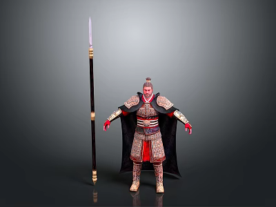 Ancient Armored Warrior Character With Long Decorated Spear And Traditional Gear 3d model