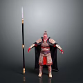 Ancient Armored Warrior Character With Long Decorated Spear And Traditional Gear