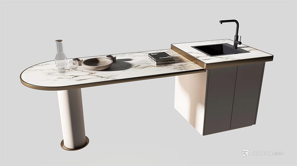 Modern Dining Table With Marble Countertop Sink Counter White Cabinets And Tabletop Items 3d model 