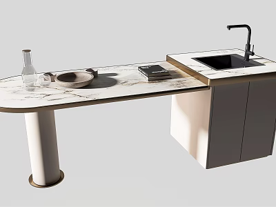 Modern Dining Table With Marble Countertop Sink Counter White Cabinets And Tabletop Items 3d model