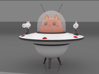 UFO Shaped Sculpture With Cat Face Transparent Dome White Base Red Dots And Black Legs 3d model