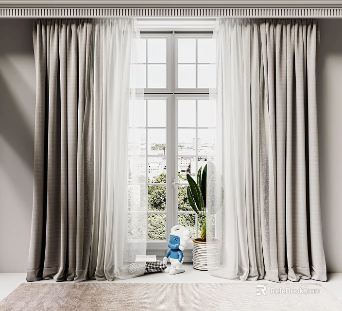 Gray Curtains With White Sheer Panels And Green Plants Outside Window 3d model 
