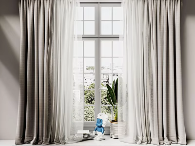 Gray Curtains With White Sheer Panels And Green Plants Outside Window 3d model