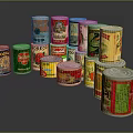 Various Stacked Canned Food With Colorful Labels And Different Brands