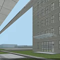 Tall Modern Glass Curtain Wall Office Building With Pedestrian Plaza Trees And Evening Sky