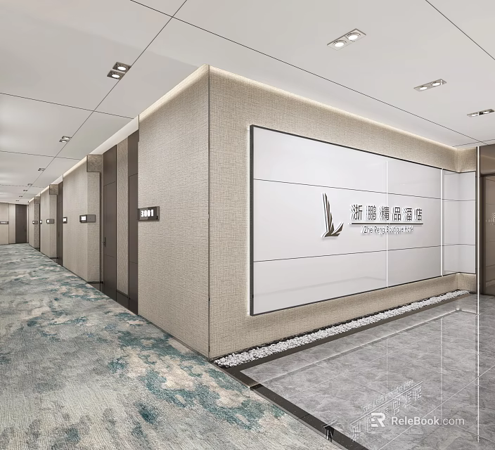 Modern Hotel Corridor With Textured Walls Elevator Doors Patterned Carpet And Ceiling Lighting 3d model
