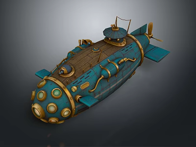 Steampunk Submarine Model With Teal Gold Finish Wooden Deck And Round Portholes 3d model