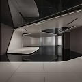 Modern Exhibition Hall with Spacious Interior Geometric Ceiling Blue Decor Wooden White Walls Sleek Flooring