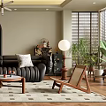 Living Room Interior Design With Black Leather Sofa Coffee Table Arched Iron Door And Chandelier