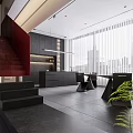 Modern Lounge Area Interior Design With Red Accent Wall Blue Lighting And Black Sculpture