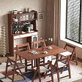 Modern Interior Dining Table And Chairs With Wooden Sideboard Decorative Plants Window Blinds And Curtains