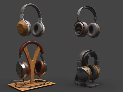 Electronic Audio Headphones With Various Designs Wooden Accents And Display Stands 3d model