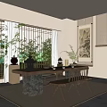 Traditional Tea Room With Bamboo Blinds Greenery Landscape Painting Wooden Table And Chairs