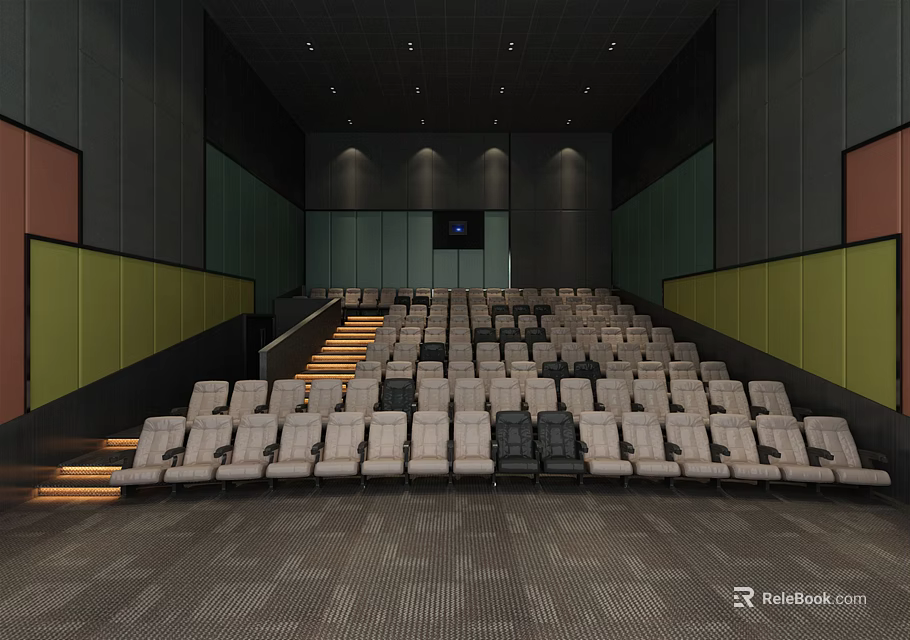 Modern Cinema Interior With Stepped Rows Of Seats Green Black Walls And Large Screen 3d model 