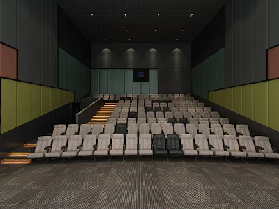 Modern Cinema Interior With Stepped Rows Of Seats Green Black Walls And Large Screen 3d model