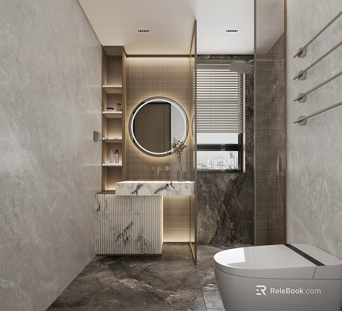 Modern Bathroom Interior Design With Marble Vanity Round Mirror Toilet Shower And Soft Lighting 3d model 