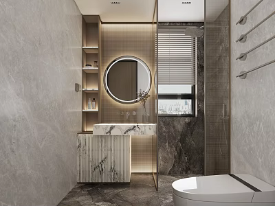 Modern Bathroom Interior Design With Marble Vanity Round Mirror Toilet Shower And Soft Lighting 3d model