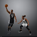 Dynamic Action Basketball Players In Black And White Jerseys With Number 30 And Basketball