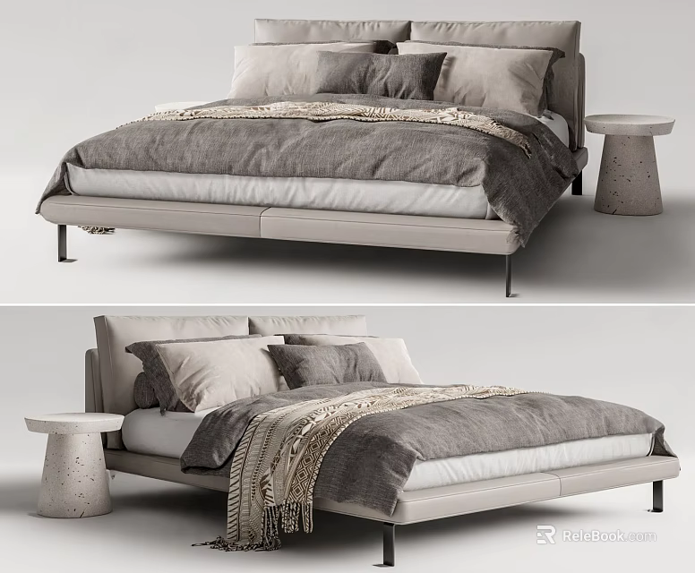 Modern Upholstered Double Bed With Multiple Pillows Knit Throw Blanket And Concrete Side Table 3d model 