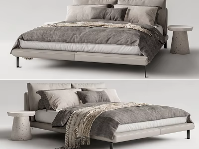 Modern Upholstered Double Bed With Multiple Pillows Knit Throw Blanket And Concrete Side Table 3d model