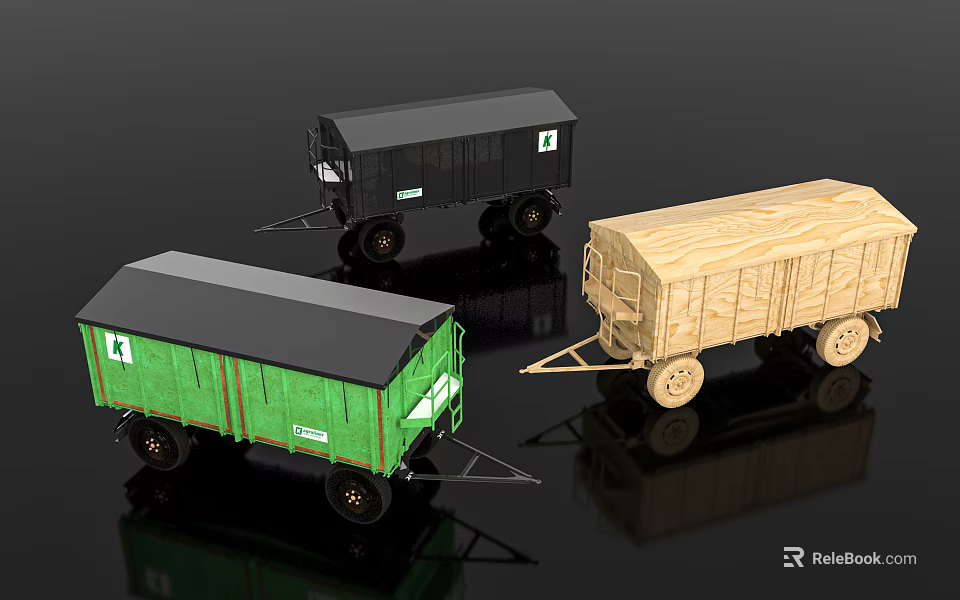 Green Black And Wooden Utility Trailers With Wheels And Hitch For Cargo Transport 3d model 