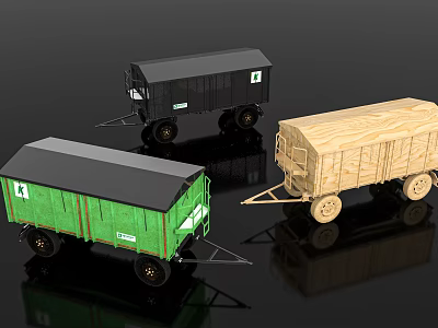 Green Black And Wooden Utility Trailers With Wheels And Hitch For Cargo Transport 3d model