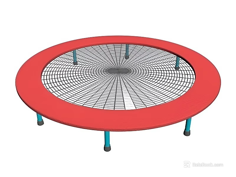 Round Red Trampoline With Blue Support Legs And Black Jumping Net 3d model 