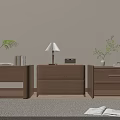 Modern Wooden Bedside Tables with Plants Lamp Books and Radio in Minimalist Bedroom Setting
