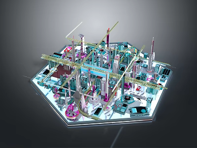 Hexagonal Architectural Construction Model Featuring Cranes Tall Buildings and Scaffolding Structures 3d model