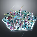 Hexagonal Architectural Construction Model Featuring Cranes Tall Buildings and Scaffolding Structures