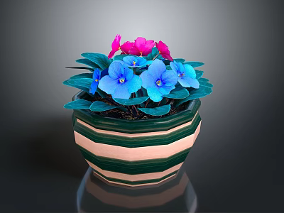 Potted Plant With Pink And Blue Flowers Green Leaves In Striped Pot 3d model