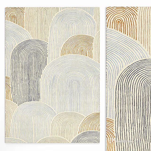 Modern Abstract Square Rug with Curved Striped Patterns and Neutral Beige Gray Tones 3d model 