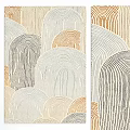 Modern Abstract Square Rug with Curved Striped Patterns and Neutral Beige Gray Tones