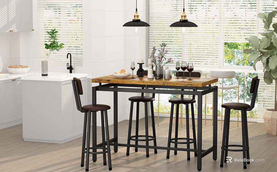 Modern Kitchen Bar Counter With Wooden Top Black Stools Hanging Lights And Natural Light 3d model 