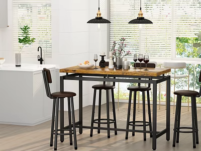 Modern Kitchen Bar Counter With Wooden Top Black Stools Hanging Lights And Natural Light 3d model