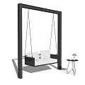 Outdoor Swing Play Equipment With Black Frame And White Seats Near Small Table