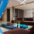 Modern Living Room Interior With Red Sofas Blue Glass Coffee Table Rug And Decorative Plants