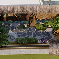 Japanese Courtyard Garden Landscape With Wooden Flooring Yellow Fence Stone Pathway And Green Plants