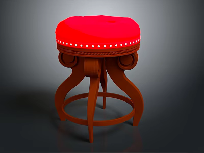 Vintage Wooden Stool With Round Red Cushion White Dots And Carved Legs 3d model