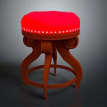 Vintage Wooden Stool With Round Red Cushion White Dots And Carved Legs