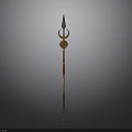 Ancient Decorative Spear Featuring Metal Spearhead Golden Shaft Red Accents And Crescent Ornament