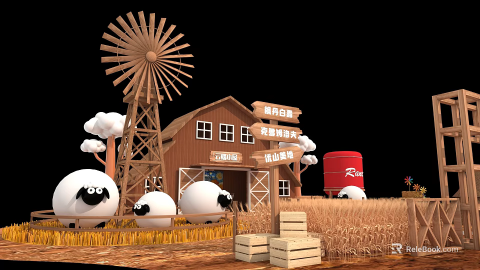 Rustic Farm Themed Photo Spot With Windmill Barn Sheep And Hay Bales 3d model 