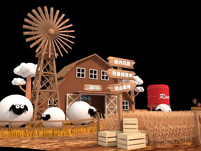 Rustic Farm Themed Photo Spot With Windmill Barn Sheep And Hay Bales 3d model