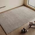 Woven Beige Square Carpet On Wooden Floor With Small Bench And Vases