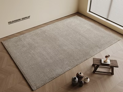 Woven Beige Square Carpet On Wooden Floor With Small Bench And Vases 3d model