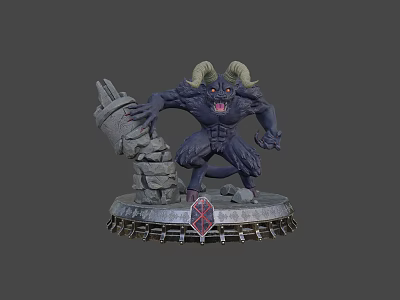 Mythical Demon Game Character With Horned Design Red Eyes And Broken Stone Pillar Base 3d model