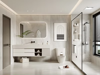 Modern Bathroom Interior Design With White Vanity Mirror Potted Plant And Glass Shower Partition 3d model