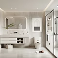 Modern Bathroom Interior Design With White Vanity Mirror Potted Plant And Glass Shower Partition