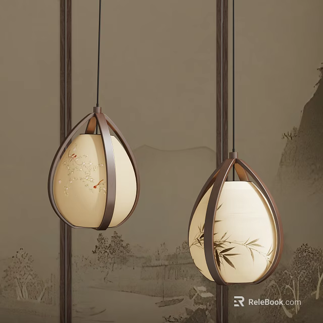 Chinese Style Pendant Lights With Wooden Frame Bamboo Plum Blossom Patterns And Landscape Background 3d model 